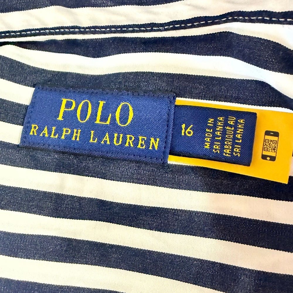 Polo Ralph Lauren Shirt Dress Womens 16 Navy White Stripe Poplin Belted Midi - Picture 7 of 10